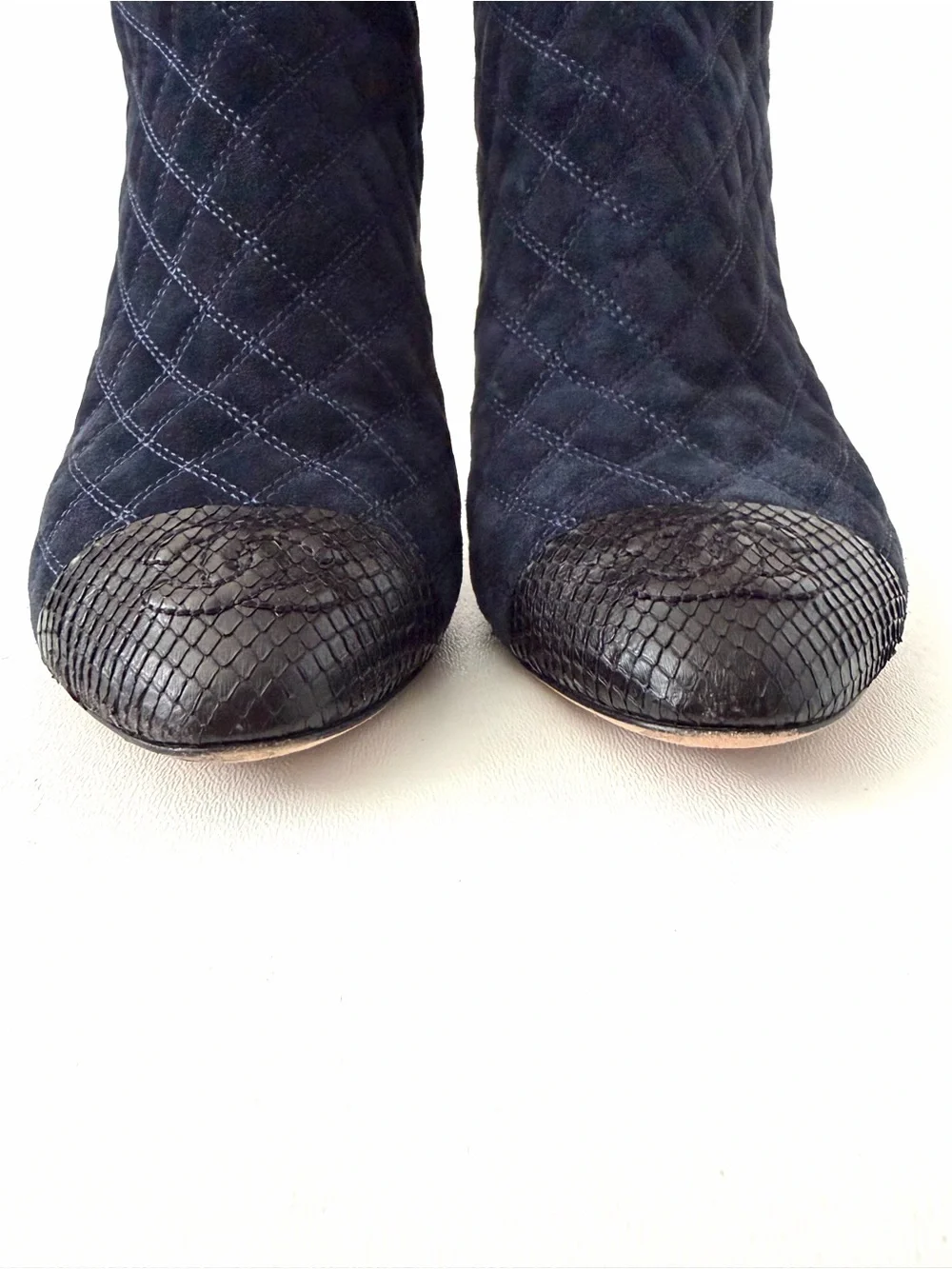 CHANEL | Quilted Suede CC Python Cap Toe Camellia Navy Black Booties EU 37.5